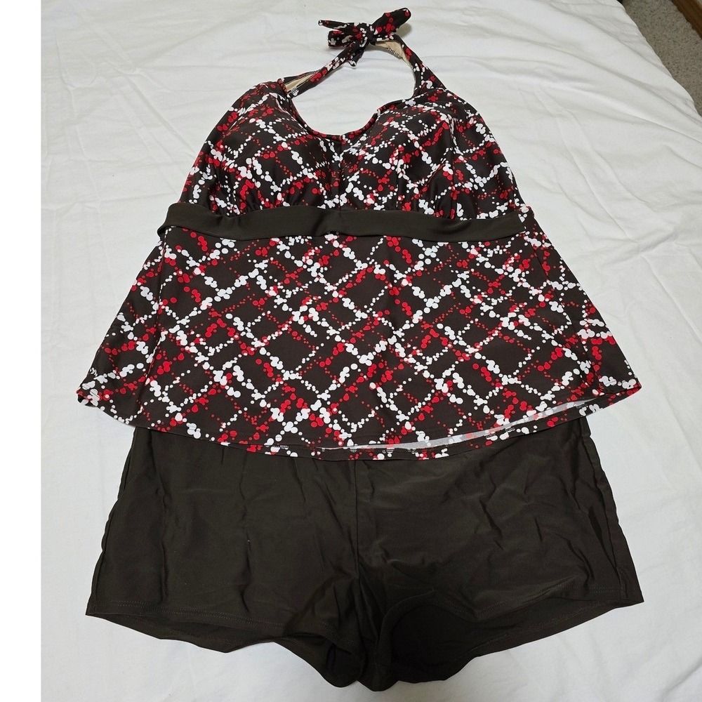 Beach Native Halter Tankini Swimsuit Set Brown‎ Red White Plaid Size L /0351